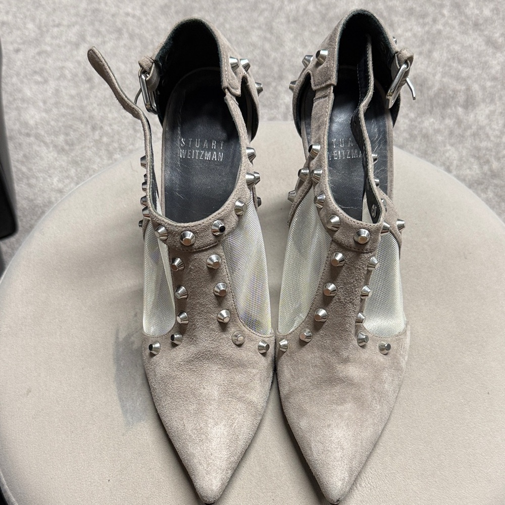 Stuart Weitzman Taupe Suede Pointed T-Strap Studded Heels